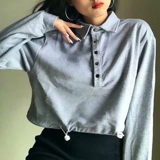 Lapel Button Drawstring Long-sleeve Sweatshirt