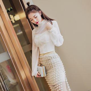 Set: Beaded Sleeveless Top + Blouse + Pencil Skirt