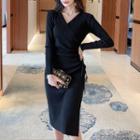 V-neck Long-sleeve Midi Sheath Dress Black - One Size