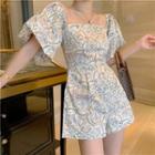 Puff-sleeve Off-shoulder Flower Print Romper
