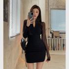 Long-sleeve Mini Mesh Sheath Dress Black - One Size