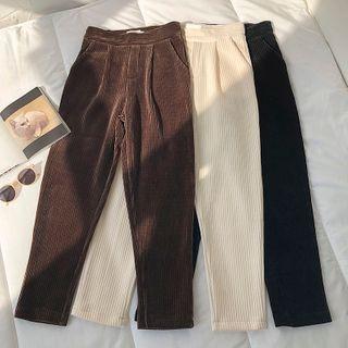 Plain High-waist Corduroy Pants With Belt