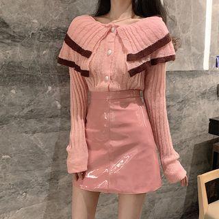 Wide-collar Long-sleeve Knit Top / Faux Leather A-line Skirt