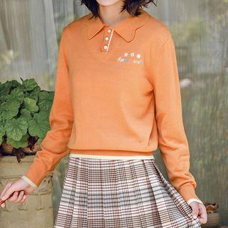 Floral Embroidered Scallop Collar Knit Top / Gingham Jumper Dress