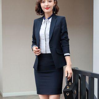 Plain Single-button Blazer / Contrast Trim Shirt / High-waist Mini Pencil Skirt / Set