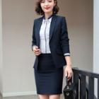 Plain Single-button Blazer / Contrast Trim Shirt / High-waist Mini Pencil Skirt / Set