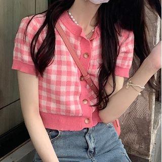 Short-sleeve Plaid Cardigan Cardigan - Plaid - Pink - One Size