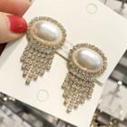 Oval Faux Pearl Rhinestone Fringed Earring As Shown In Figure - One Size