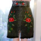 Floral Embroidered Zip-front Denim Skirt