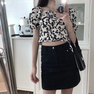 Short-sleeve Floral Printed Shirred Blouse / High-waist Denim Skirt