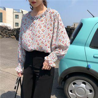Long-sleeve Frill Trim Floral Chiffon Top As Shown In Figure - One Size