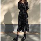 Elbow-sleeve Floral Chiffon A-line Midi Dress Black - One Size