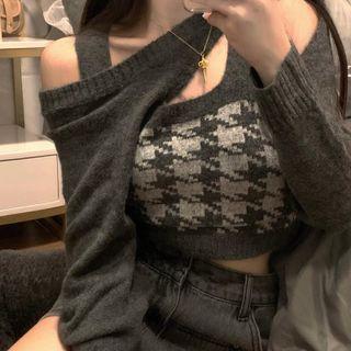Long-sleeve Knit Cover-up Top / Houndstooth Cropped Camisole