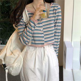Striped Ribbed Cardigan Stripes - Pink & Blue - One Size