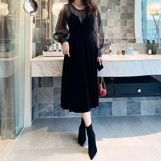 Set: Lantern-sleeve Dotted Mesh Top + Spaghetti Strap Midi Velvet Dress