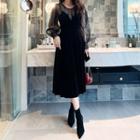 Set: Lantern-sleeve Dotted Mesh Top + Spaghetti Strap Midi Velvet Dress
