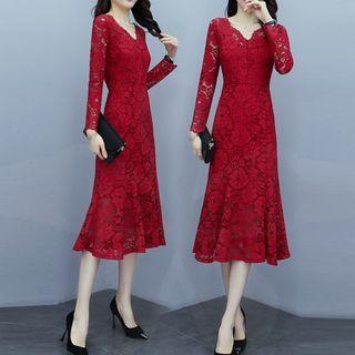 Long-sleeve V-neck Lace A-line Dress
