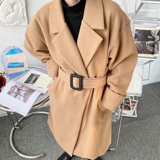 Belted Lapel Woolen Long Coat