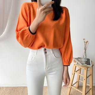 Balloon-sleeve Contrast-trim Knit Top