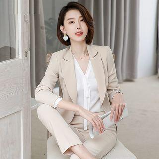 Plain Blazer / Tie-neck Blouse /cropped Boot-cut Pants / Pencil Skirt / Set