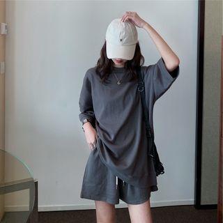 Plain Long-sleeve Sweatshirt / High Waist Wide Leg Shorts