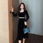 Long-sleeve Embellished Square-neck Midi A-line Dress