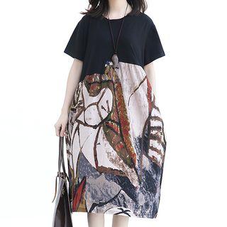 Short-sleeve Print Panel Midi T-shirt Dress Black - One Size