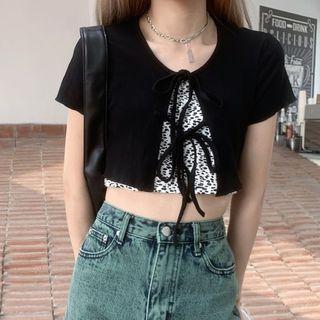 Short-sleeve Tie-front Crop Top / Leopard Print Camisole Top