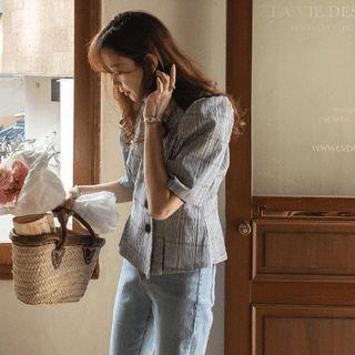 Diagonal-button Plaid Peplum Blazer Check - One Size