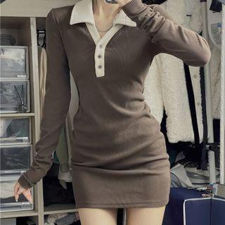 Color Block Lapel Bodycon Long-sleeve Knit Dress