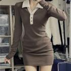 Color Block Lapel Bodycon Long-sleeve Knit Dress