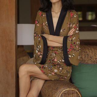Long-sleeve V-neck Floral Printed A-line Dress
