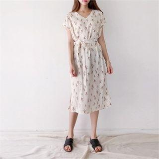 Cap-sleeve Floral Long Dress With Sash