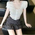 Lace Trim Short-sleeve Knit Top / Floral Print Mini A-line Skirt