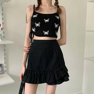 Butterfly Print Cropped Camisole Top / Ruffle Hem Mini A-line Skirt