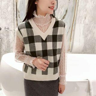 Mock Neck Long-sleeve Dotted Mesh Top