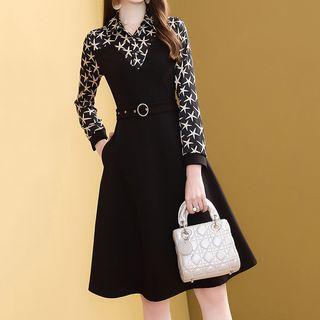 Belted Star Print Long-sleeve A-line Dress