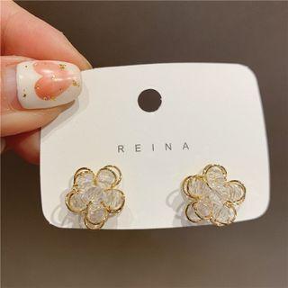 Beaded Flower Ear Stud 1 Pair - White - One Size