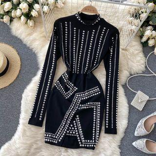 Long-sleeve Mock-neck Studded Mini Dress Black - One Size