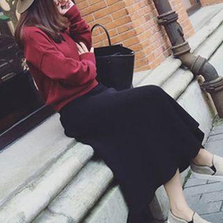 Set: V-neck Plain Sweater + Midi A-line Skirt