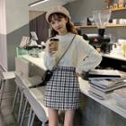 Ruffle Trim Sweater / Plaid A-line Skirt