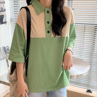 Elbow-sleeve Two-tone Collared T-shirt
