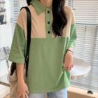 Elbow-sleeve Two-tone Collared T-shirt