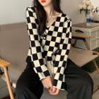 Checkerboard Cropped Cardigan / Plain Wide-leg Pants