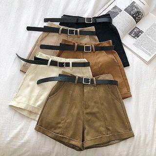 Plain Roll-up High-waist Washed Shorts With Belt
