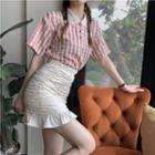 Short-sleeve Gingham Polo Shirt / Shirred Ruffle Hem Mini Pencil Skirt