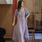 Elbow-sleeve Bow Square-neck Maxi A-line Dress