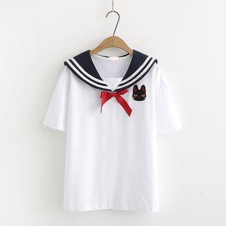 Sailor-collar Applique Cat Short-sleeve T-shirt