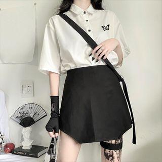 Short-sleeve Butterfly Print Shirt / Mini Skirt