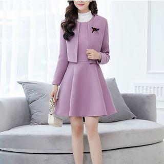 Set: Ruffle Trim Blouse + Sleeveless A-line Dress + Jacket